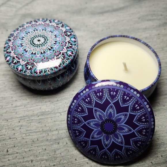 Mandala Design Scented Candle Tins x2 - Purple and White NEW - Picture 1 of 6